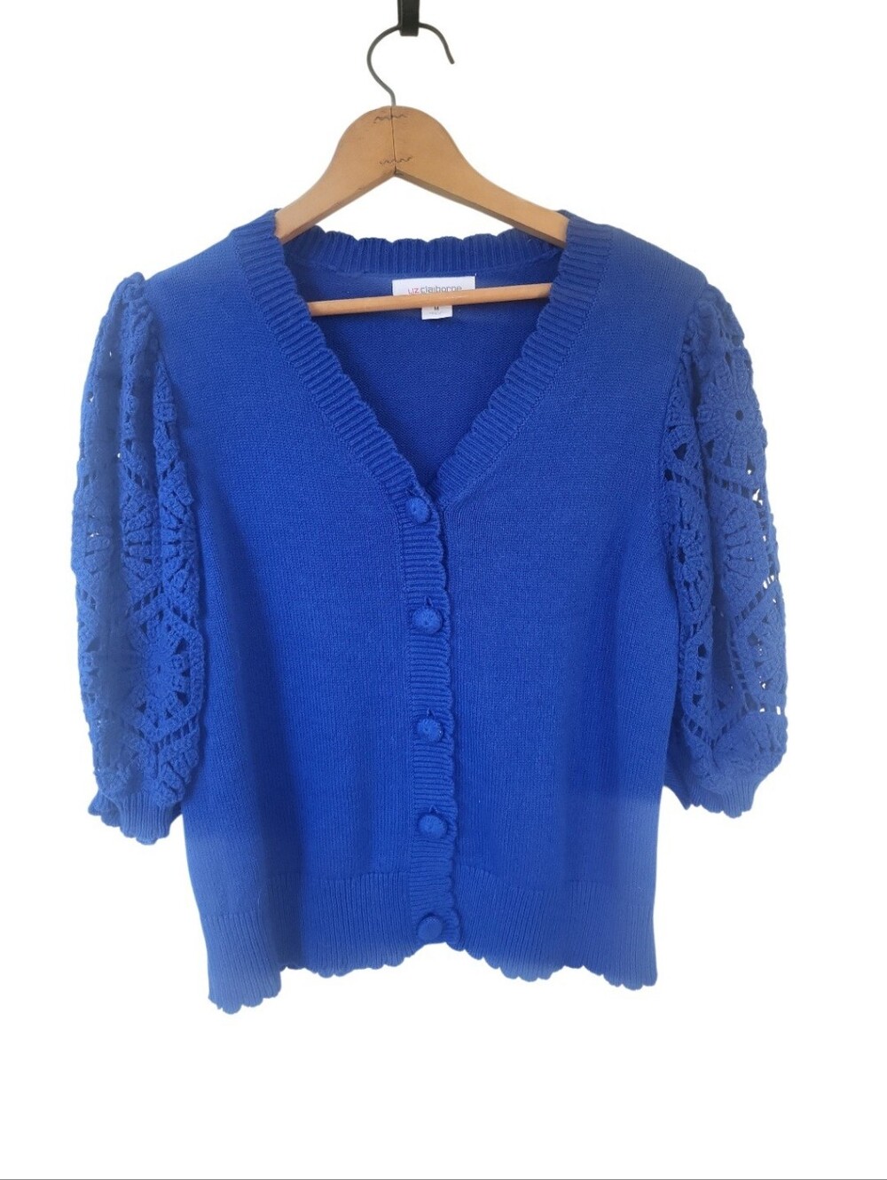 Liz Claiborne Electric  Blue Crocheted Sleeve Cardigan Sweater M